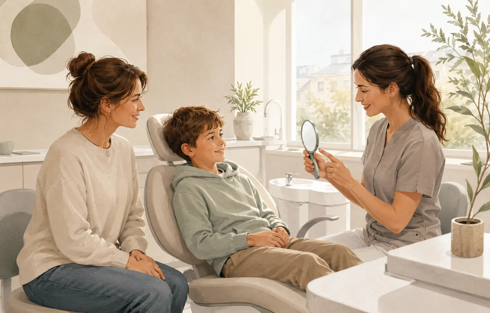 Illustration rassurante d’un enfant et de son parent lors d’un bilan orthodontique